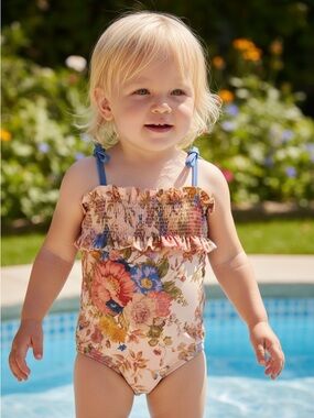 Zimmermann Kids' Girl's August Shirred Floral-print Swimsuit In Cream Floral 2T
